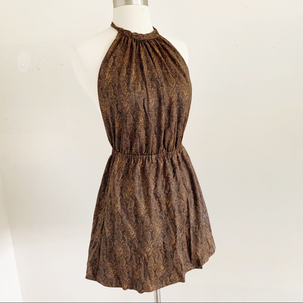Snake print halter mini dress open back